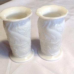 Matching pair milk glass peacock decorated  vases.